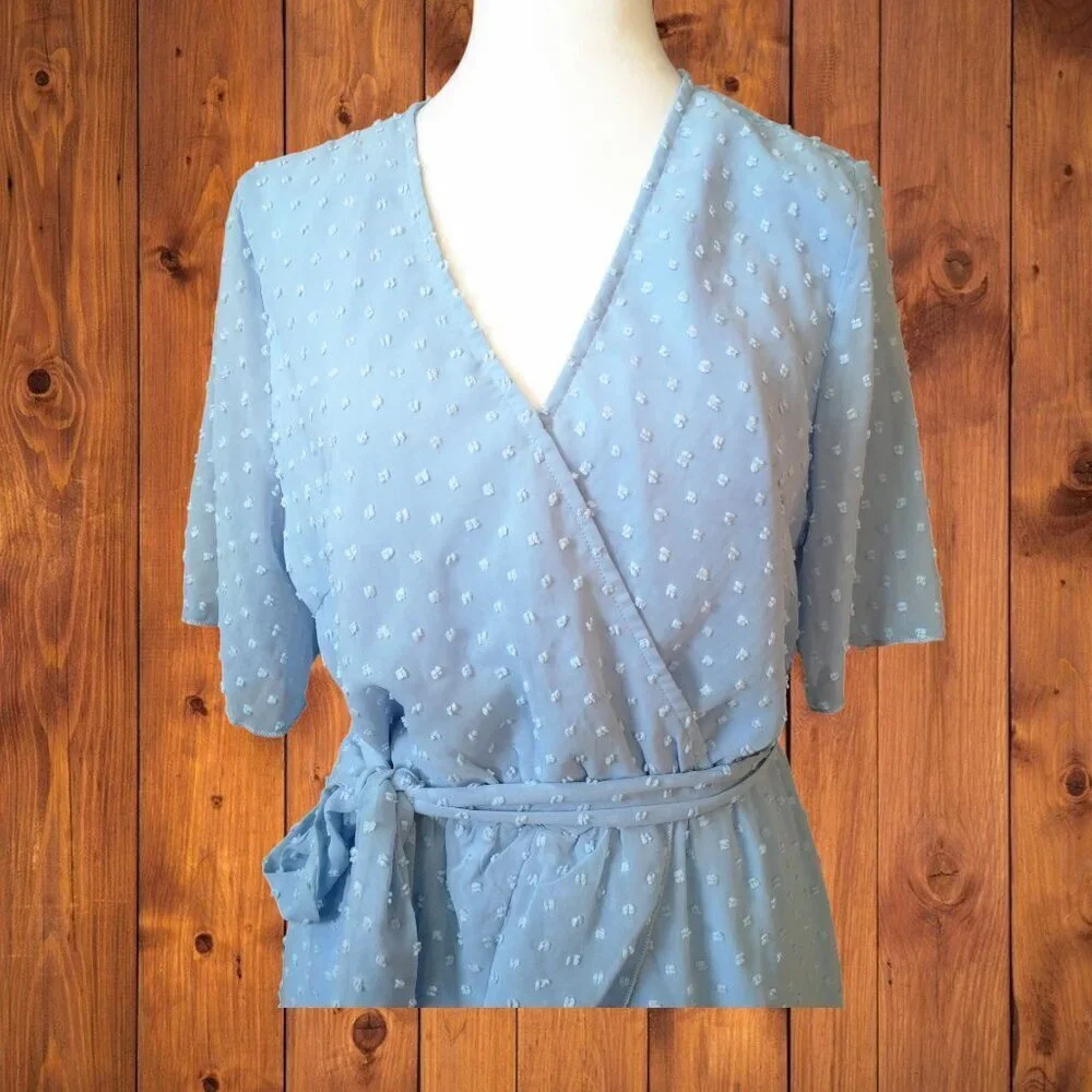 ECOWISH Faux Wrap Swiss Dot Dress With Tie Blue Size Medium Ruffle Tiered